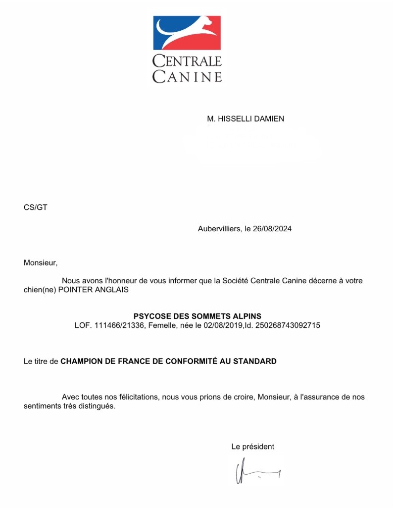 Des Sommets Alpins - PSYCOSE CHAMPIONNE DE FRANCE DE CONFORMITÉ AU STANDARD 